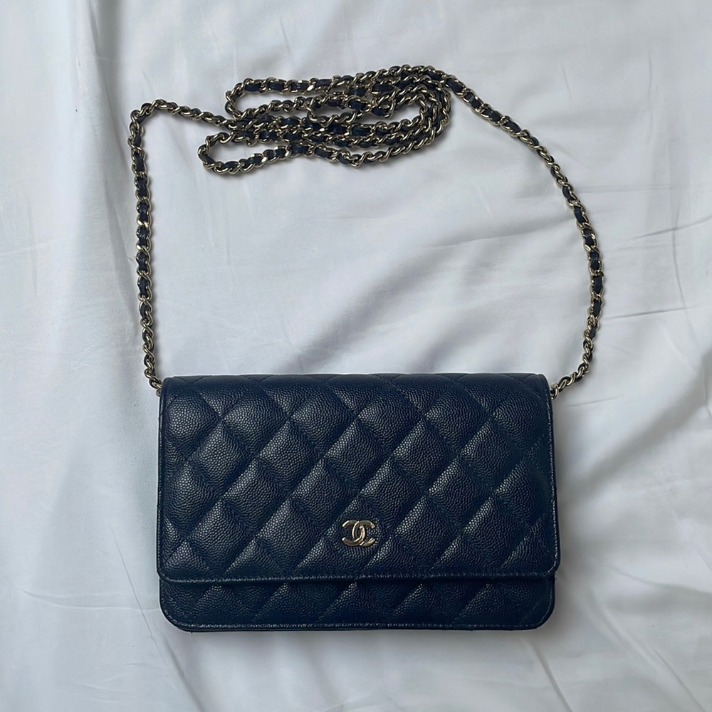 Chanel Navy Quilted Grained Calfskin Wallet On Chain Gold Hardware (Rare Color)
